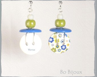 Boucles d'oreilles boutons liberty bleu vert blanc