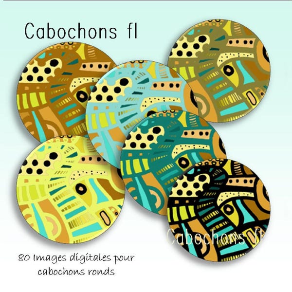 80 Images digitales à imprimer pour cabochons ronds motifs graphiques