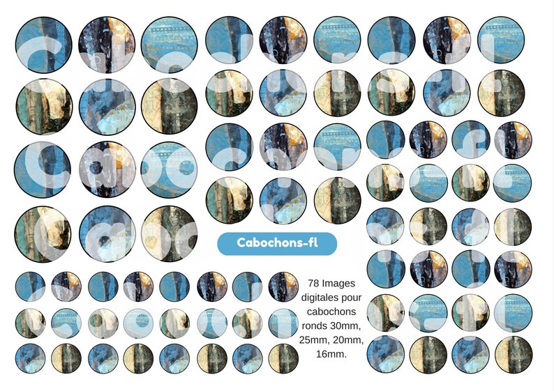 Images digitales à imprimer pour cabochons ronds bleu art abstrait image 2