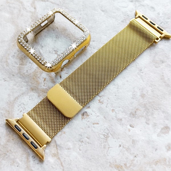 Apple Watch Gold Color Band Set Crystal Bezel Case Cover for Ultra 2 9 8 7 SE 6 5 4 3 2 1 49mm 45mm 44mm 42mm 41mm 40mm 38mm Strap Milanese