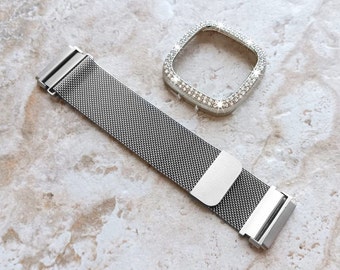 Fitbit Watch Silver Color Band Set Crystal Bezel Bling Case Cover for Versa 2 3 4 and Sense 1 2 Smartwatches Milanese Strap Protective Frame