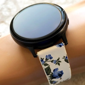 Samsung FL-2 Band for  Galaxy Watch Active 2 40mm 42mm 44mm Soft Blue Floral Bracelet Cuff Leather Wristband Strap with Quick Release Pins