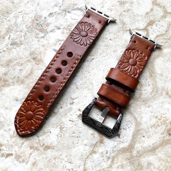 Apple Watch Band 38mm 40mm 41mm 42mm 44mm 45mm 49mm Daisy Flower Tooled Embossed Handmade Brown Color Leather Strap for iWatch All Series