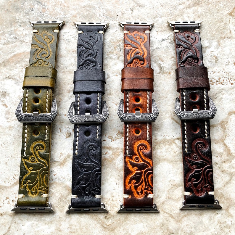 Apple Watch All Series and Cases 38mm 40mm 41mm 42mm 44mm 45mm 49mm Green and Yellow Band iWatch Bracelet Embossed Handmade Leather Strap image 7