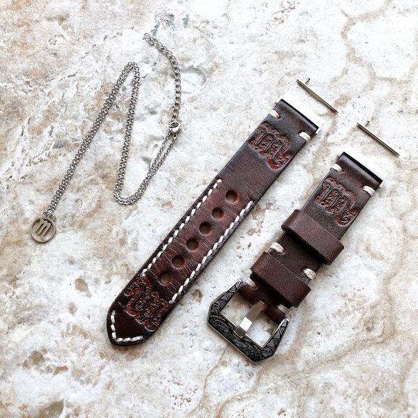 Fitbit Versa 2 3 4 Sense 2 Scorpio Zodiac Set Band Strap Brown Tooled Embossed Leather in Silver Rose Gold Black and 25" Pendants Necklace