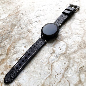 Black and Gray Leather Band Samsung Galaxy Watch 3 Active 2 40mm 41mm 42mm 44mm Case Tooled Embossed Bracelet Wristband Strap Pins Tool B20