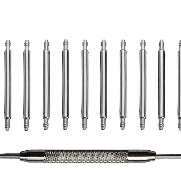 10 Stainless Steel Spring Bar Pins with Tool for Watch Band Buckle 8 9 10 11 12 13 14 15 16 17 18 19 20 21 22 23 24 25 26mm Lug Attachment