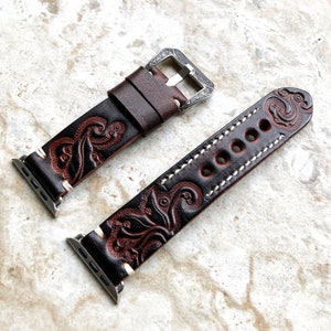 Apple Watch Dark Brown Tooled Embossed Handmade Leather Band Strap for Watch Ultra 2 9 8 7 SE 6 5 4 3 2 1 38mm 40mm 41mm 42mm 44mm 45mm 49mm