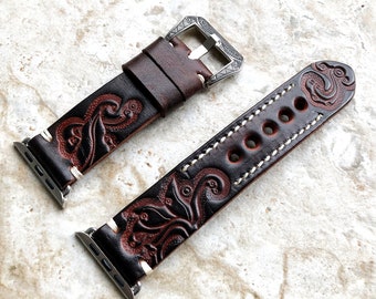 Apple Watch Dark Brown Tooled Embossed Handmade Leather Band Strap for Watch Ultra 2 9 8 7 SE 6 5 4 3 2 1 38mm 40mm 41mm 42mm 44mm 45mm 49mm