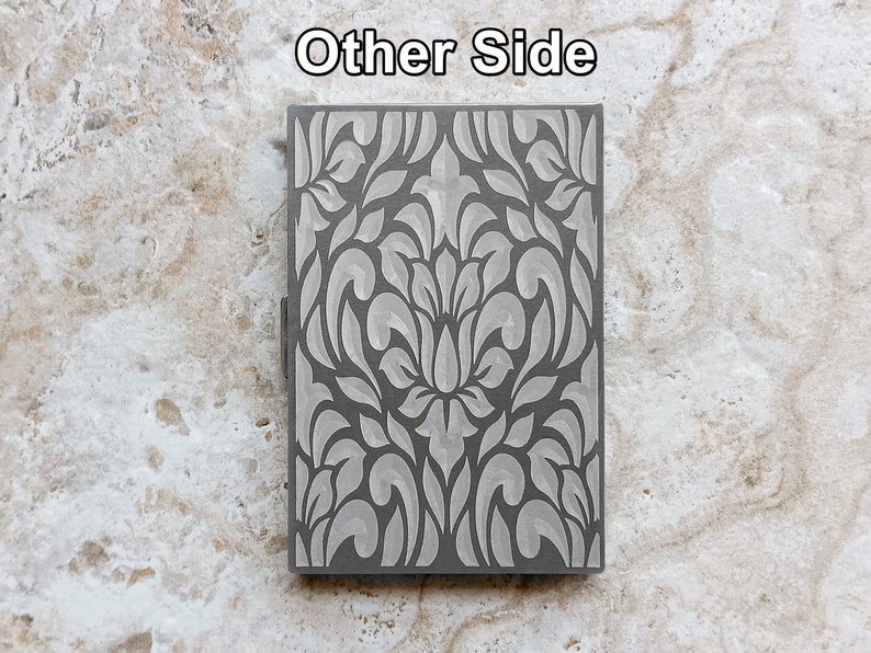 View of Floral Design on Engraved Stainless Steel Credit Card Case
