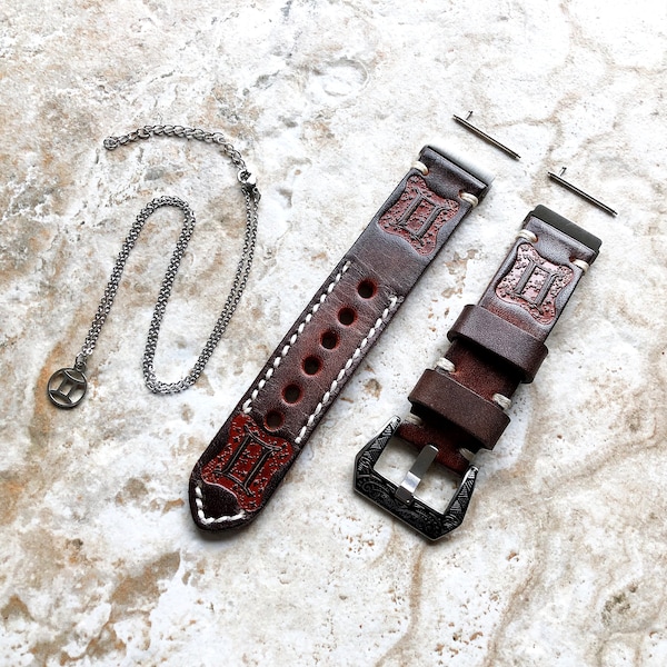 Fitbit Versa 2 3 4 Sense 2 Gemini Zodiac Set Band Strap Brown Tooled Embossed Leather in Silver Rose Gold Black and 25" Pendants Necklace