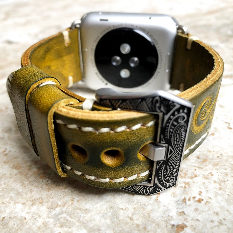 Apple Watch All Series and Cases 38mm 40mm 41mm 42mm 44mm 45mm 49mm Green and Yellow Band iWatch Bracelet Embossed Handmade Leather Strap image 4