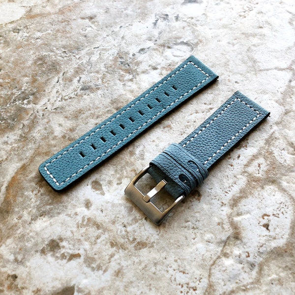 22mm Width Light Blue Soft Leather Watch Strap Band Stitched for Wrist Hand Watches - Quick Release Pins Included Easy and Ready to Attach