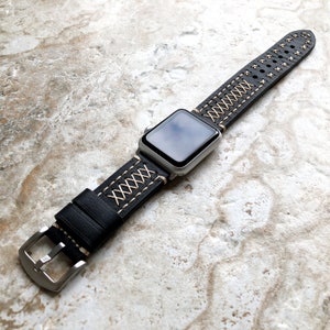 Apple Black Soft Thick Leather Band for iWatch Ultra 2 9 8 7 SE 6 5 4 3 2 1 Case 38mm 40mm 41mm 42mm 44mm 45mm 49mm Strap Stitched Details X