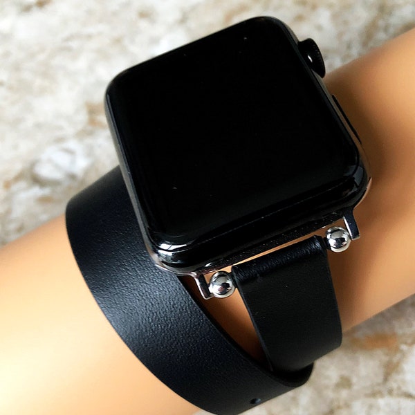 Apple Watch Black Double Wrap Around Wrist Leather Band for All Series 38mm 40mm 41mm 42mm 44mm 45mm 49mm Twice Bracelet Strap