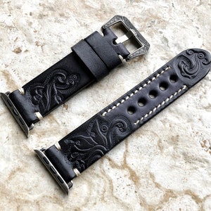 Apple Watch Ultra 2 9 8 7 SE 6 5 4 3 2 for iWatch 38mm 40mm 41mm 42mm 44mm 45mm 49mm Black Gray Tooled Embossed Handmade Leather Band Strap