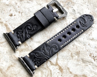 Apple Watch Ultra 2 9 8 7 SE 6 5 4 3 2 for iWatch 38mm 40mm 41mm 42mm 44mm 45mm 49mm Black Gray Tooled Embossed Handmade Leather Band Strap
