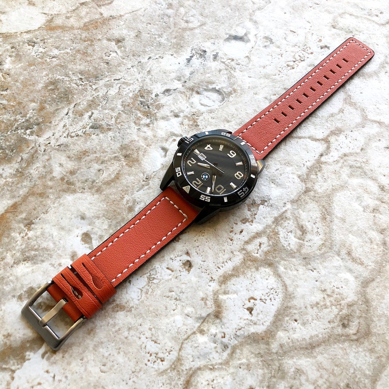 22mm Width Dark Orange Soft Leather Watch Strap Band Stitched for Wrist Hand Watches Quick Release Pins Included Easy and Ready to Attach image 3
