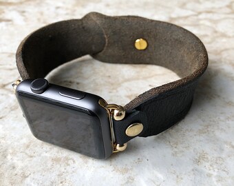 New Apple Watch Band Black Distressed Leather Bracelet for iWatch All Series 38mm 40mm 41mm 42mm 44mm 45mm 49mm Case Strap in Gold Finish