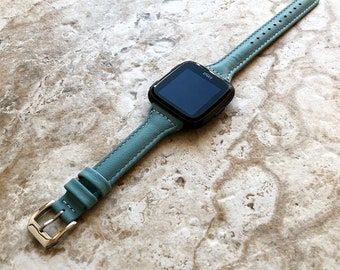Fitbit Versa Lite 2 3 4 Sense 2 Band Blue Slim Elegant Leather Strap with Stitching Details and Quick Release Pins Adapters Silver Rose Gold