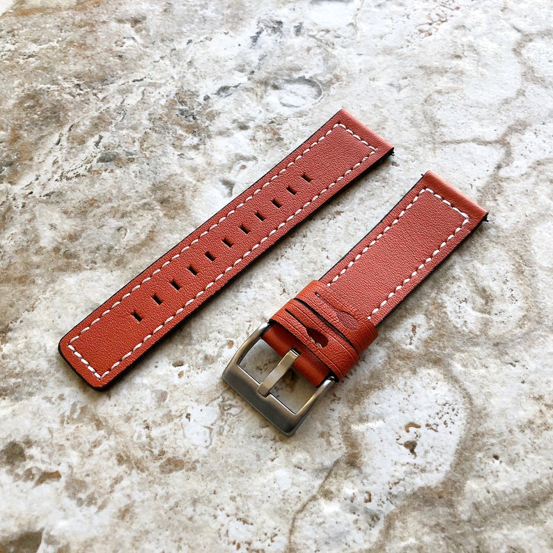 22mm Width Dark Orange Soft Leather Watch Strap Band Stitched for Wrist Hand Watches Quick Release Pins Included Easy and Ready to Attach image 1