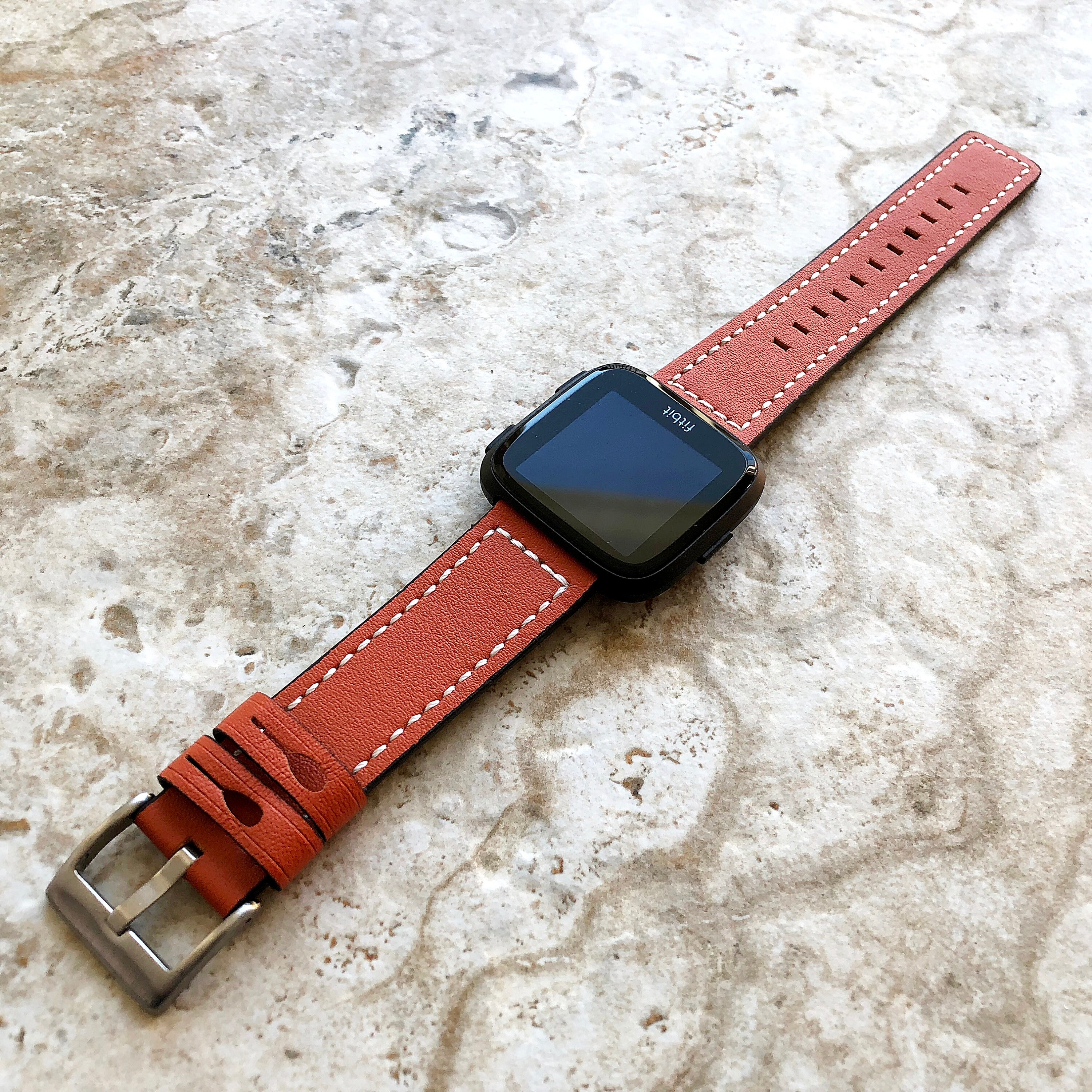 Bands for Fitbit Versa 2 3 4 Sense 2 Orange Leather White Stitches