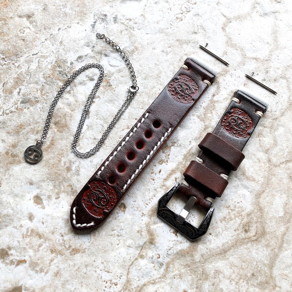 Fitbit Versa 2 3 4 Sense 2 Cancer Zodiac Set Band Strap Brown Tooled Embossed Leather in Silver Rose Gold Black and 25" Pendants Necklace