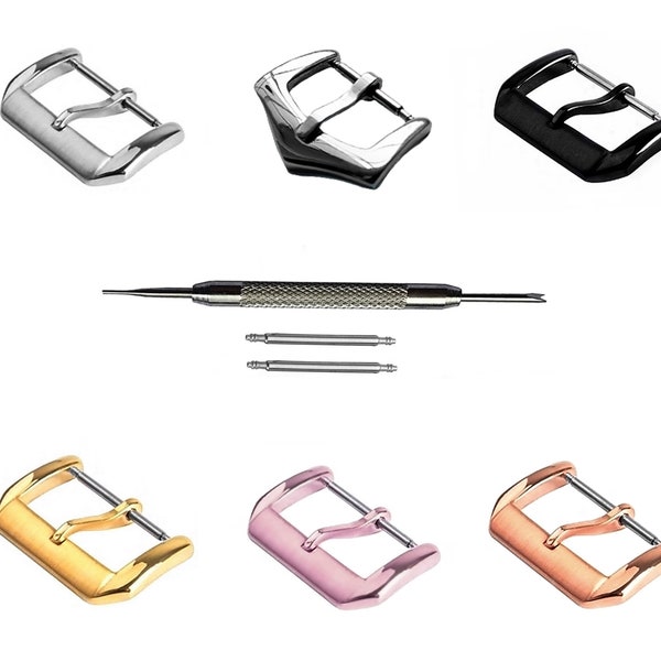 4pcs Set Elegant Buckles for 12mm 14mm Watch Straps Bands Replacement Kit Clasp Silver Black Pink Rose Gold Color Finish -Pins Tool Included