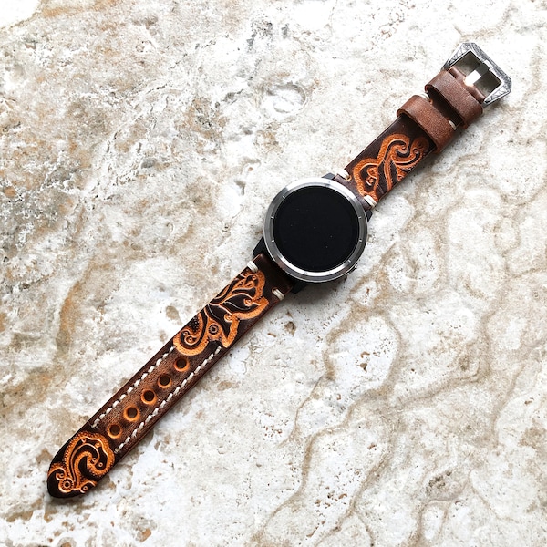 Garmin Brown and Orange Band for  Venu GPS Smartwatch Tooled Embossed Carved Engraved Handmade Premium Leather Bracelet Pins Buckle Tool T20