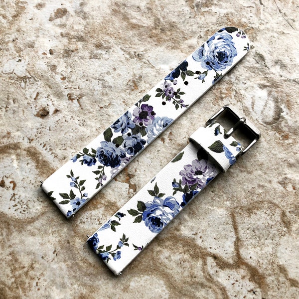 18mm Width Blue Floral FL-2 Soft Leather Watch Strap Band for Wrist Hand Watches - Quick Release Pins Included Easy and Ready to Attach