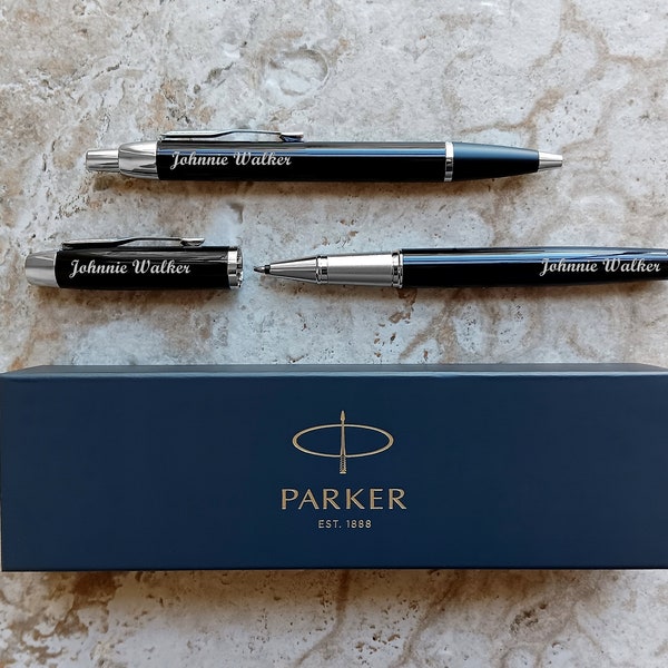 Custom Personalized Engraved Black with Chrome Trim Finish Luxury IM Ballpoint & IM Rollerball Parker Pens Box Great Gift for All Occasions