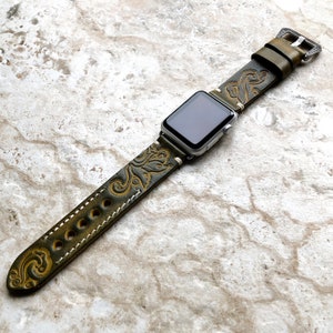 Apple Watch All Series and Cases 38mm 40mm 41mm 42mm 44mm 45mm 49mm Green and Yellow Band iWatch Bracelet Embossed Handmade Leather Strap image 3