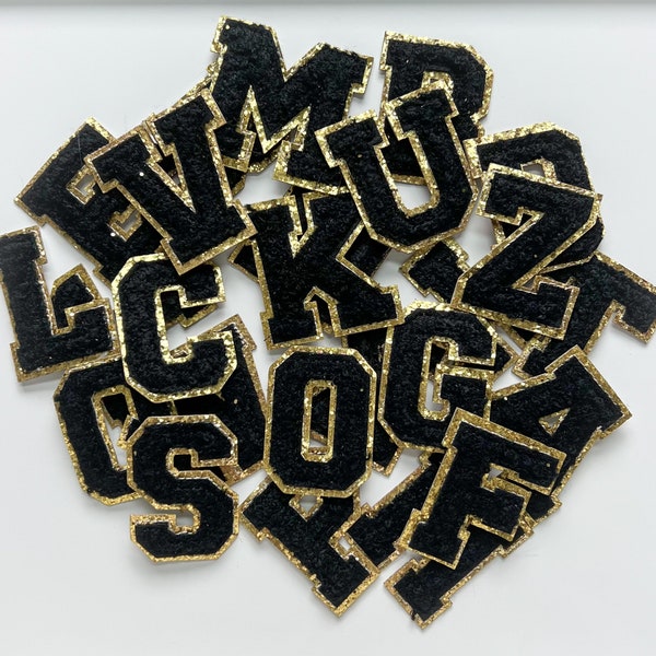 Black Chenille Letter Patches - Self Adhesive - Alphabet DIY - Clear Stadium Bags - Varsity Letter - Gold Glitter Trim - Personalize