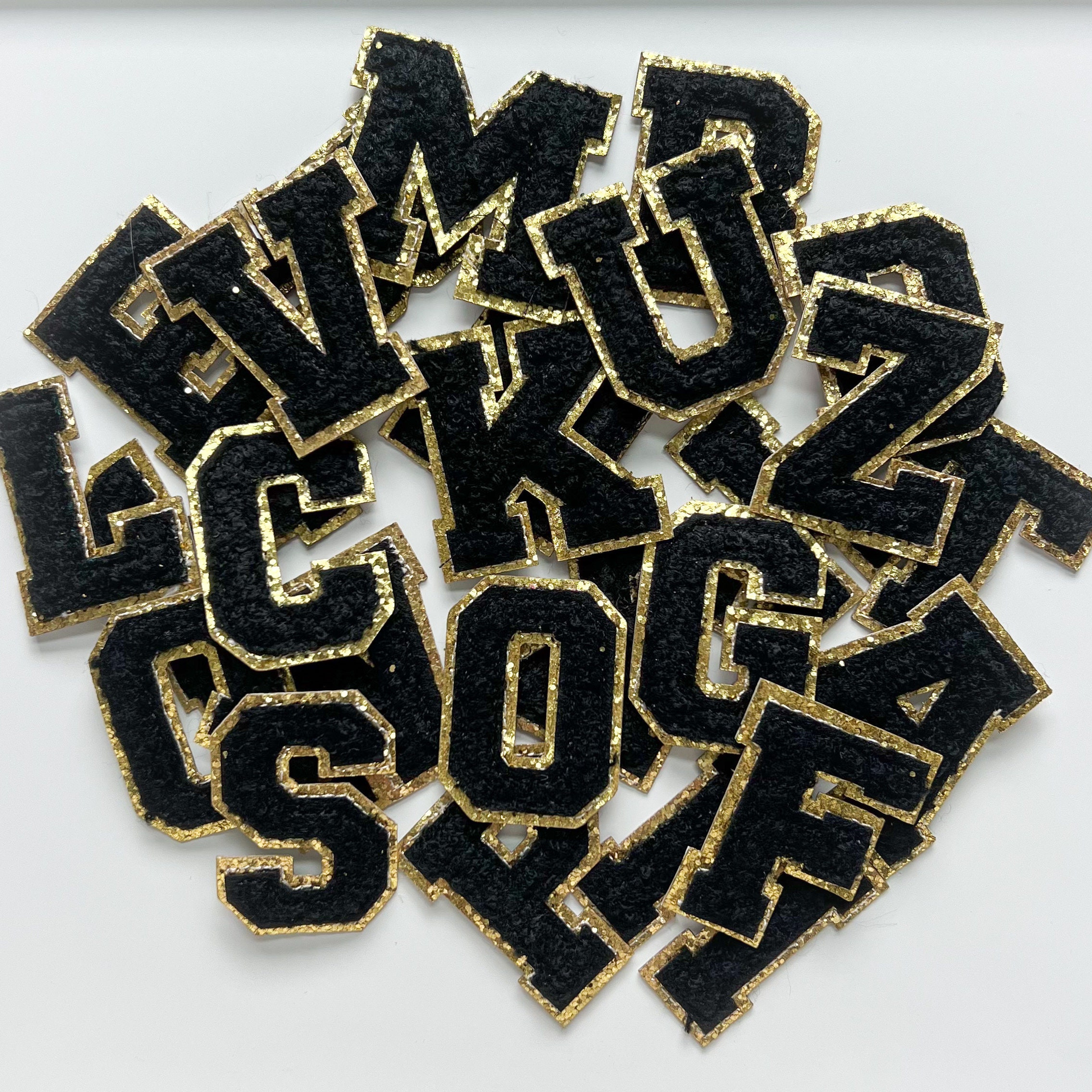 Black Chenille Letter Patches – Self Adhesive with Gold Glitter Trim