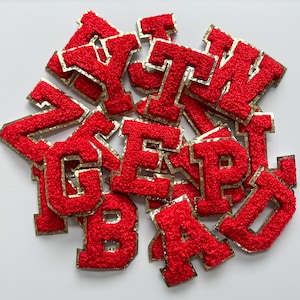 Red Chenille Letter Patches - Self Adhesive - Alphabet DIY - Clear Stadium Bags - Varsity Letter - Gold Glitter Trim - Personalize