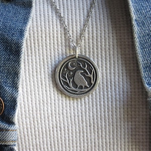Handmade Pewter Midnight Raven Pendant Necklace, Bird, Crow, Half Moon, Tree Pendant Necklace, Silver Pewter Jewelry, Spooky, Moody, 1-1/8&quot;