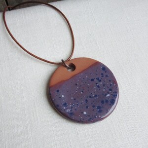 Purple Lover&#39;s Necklace. Purple Ceramic Pendant Necklace, Handmade Boho Jewelry, Lavender, Leather Jewelry, Pottery Pendant, Hippie Gift
