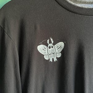 Mothman Block Printed Upcycled Unisex Long-Sleeve T-Shirt | Handmade Hand Printed Mothman Tee Shirt, Stamp Top Mothman Cryptid OOAK Shirt