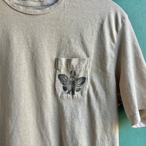 Mothman Block Printed Upcycled Unisex Short-Sleeve T-Shirt | Handmade Hand Printed Mothman Tee Shirt, Stamp Top Mothman Cryptid OOAK Shirt
