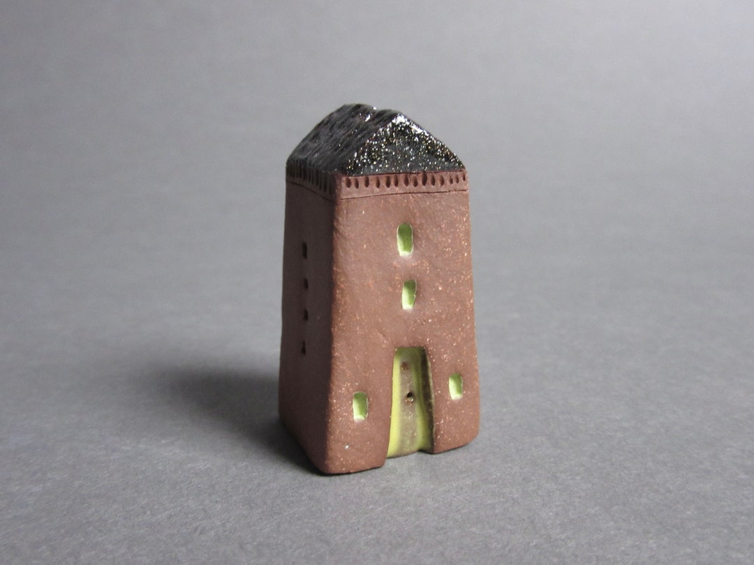 Tiny Ceramic House Figurine, Miniature Stoneware Rustic House, Cottage