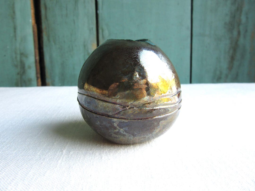 Early Pot 3. Tiny Raku Ceramic Hand Built Ball Vase, Small 2