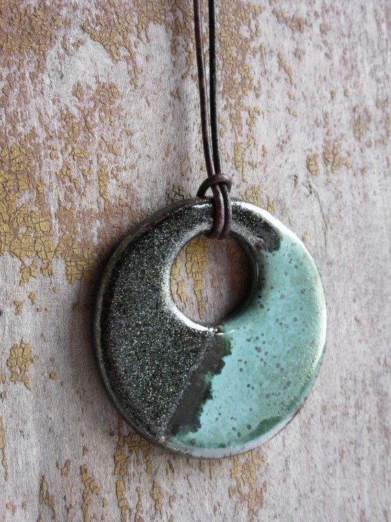 Green Cosmic Silver Dust Ceramic Pendant Necklace Round Hoop