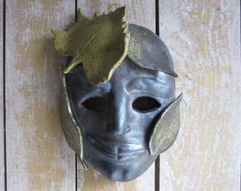 Silvanus. Handmade Ceramic Wall Hanging Mask, Face Sculpture, Leaf Art, Leaves, Unique Nature Decor, Wall Hanging Ceramic Mask Art, Pottery