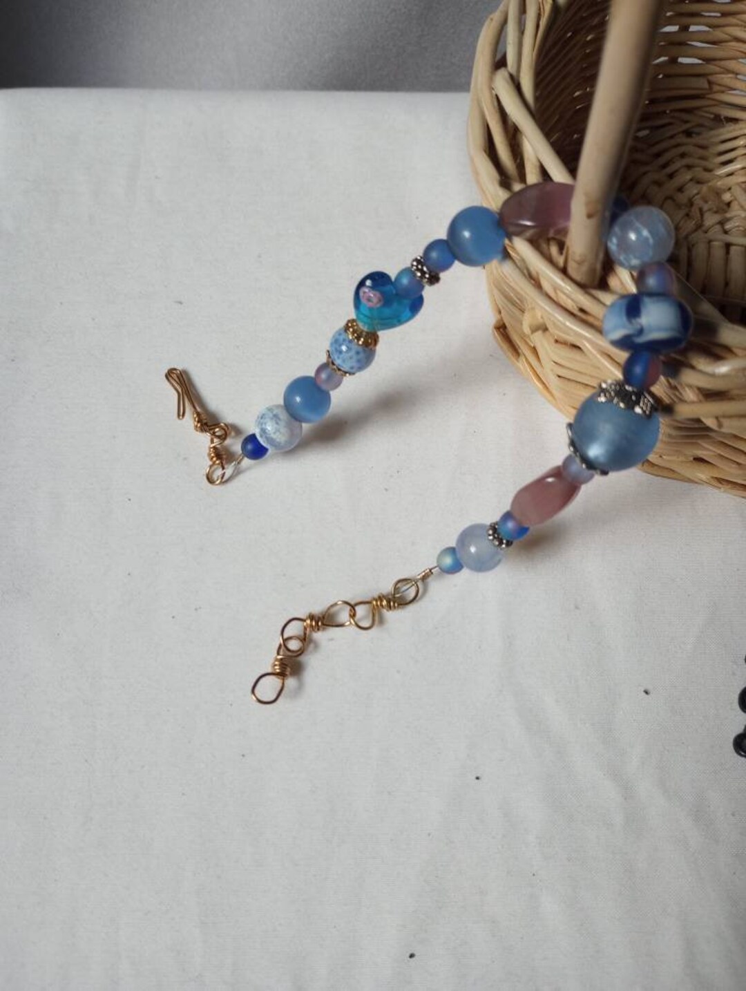 Blue Glass Bead & Pink Glass Cat's Eye Anklet Handmade One of a Kind Etsy