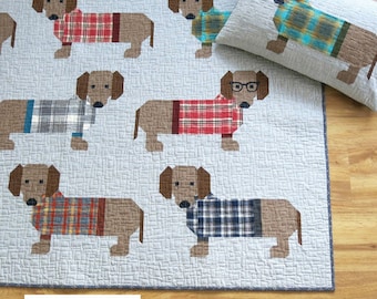 Dogs in Sweaters Quilt & Pillow Pattern - Elizabeth Hartman EH-034, Dachshund Quilt Pattern, Scrap Quilt Pattern, Dog Quilt Pattern