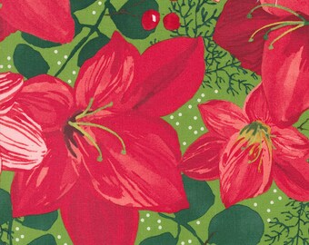 Winterly Christmas Lily Large Floral Chartreuse Fabric - Moda Fabrics 48760-12, Christmas Floral Fabric, Christmas Lily Fabric By the Yard