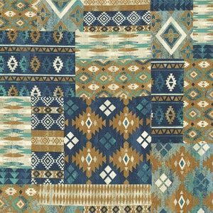 Saddle Ranch Western Patchwork Fabric - Moda 33798-11, Southwestern Cowboy Themed Fabric, Teal and Gold Western Themed Fabric By the Yard