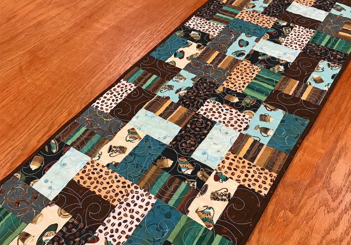 Teal and Brown Coffee Themed Table Runner Coffee Table Etsy
