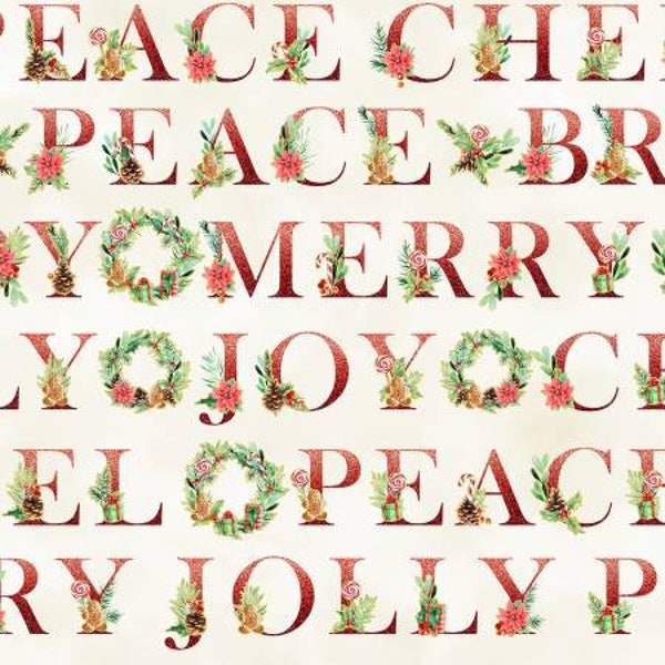 Holiday Sweets Cream Gold Fabric - Hoffman Fabrics U4991-33G, Christmas Words Fabric, Christmas Blender Fabric, By the Yard