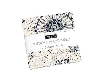 Indigo Blooming Charm Pack - Moda 48090PP, Blue Cream and Gray Floral Charm Pack, Blue Gray Reproduction Floral Charm Pack